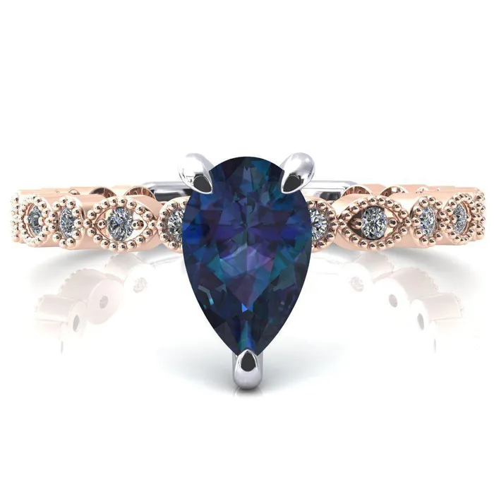 Lizette Pear Alexandrite 3 Claw Prong 34 Eternity Milgrain Diamond Shank Engagement Ring Fire Brilliance Rings