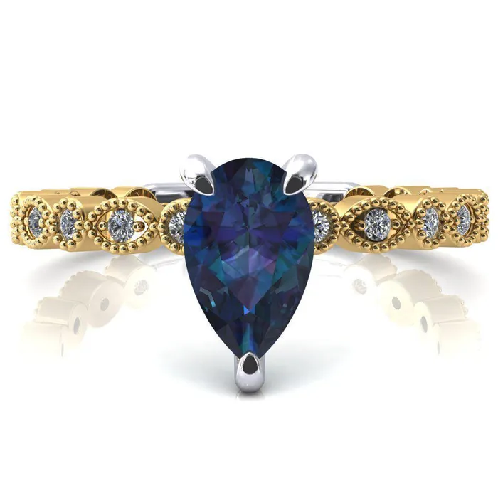 Lizette Pear Alexandrite 3 Claw Prong 34 Eternity Milgrain Diamond Shank Engagement Ring Fire Brilliance Rings