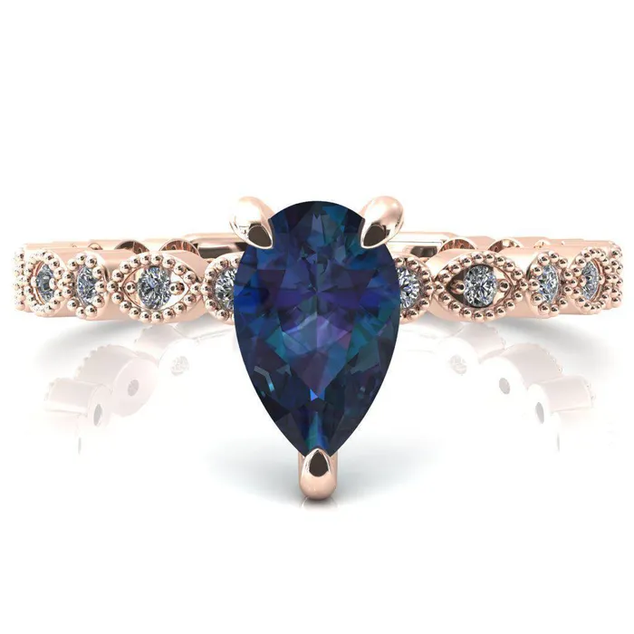 Lizette Pear Alexandrite 3 Claw Prong 34 Eternity Milgrain Diamond Shank Engagement Ring Fire Brilliance Rings