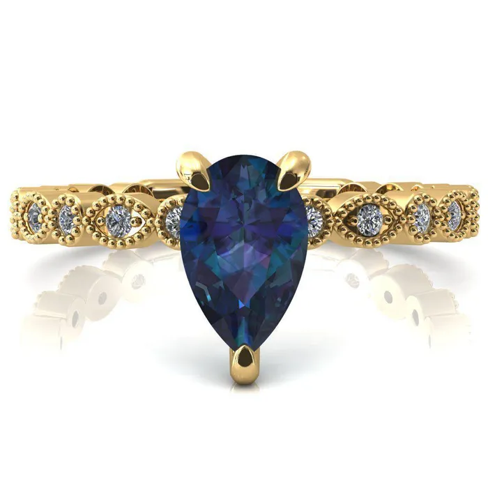 Lizette Pear Alexandrite 3 Claw Prong 34 Eternity Milgrain Diamond Shank Engagement Ring Fire Brilliance Rings