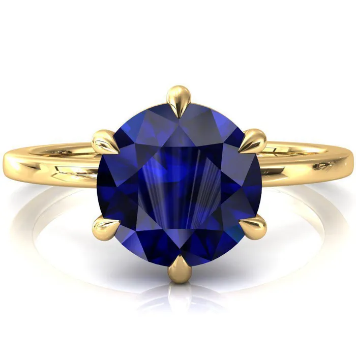 Lyla Round Blue Sapphire 6 Claw Prong Single Rail Solitaire Ring Fire Brilliance Rings
