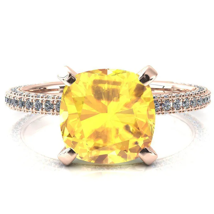 Mariyah Cushion Yellow Sapphire 4 Prong 34 Eternity 3 Sided Diamond Shank Engagement Ring Fire Brilliance Rings