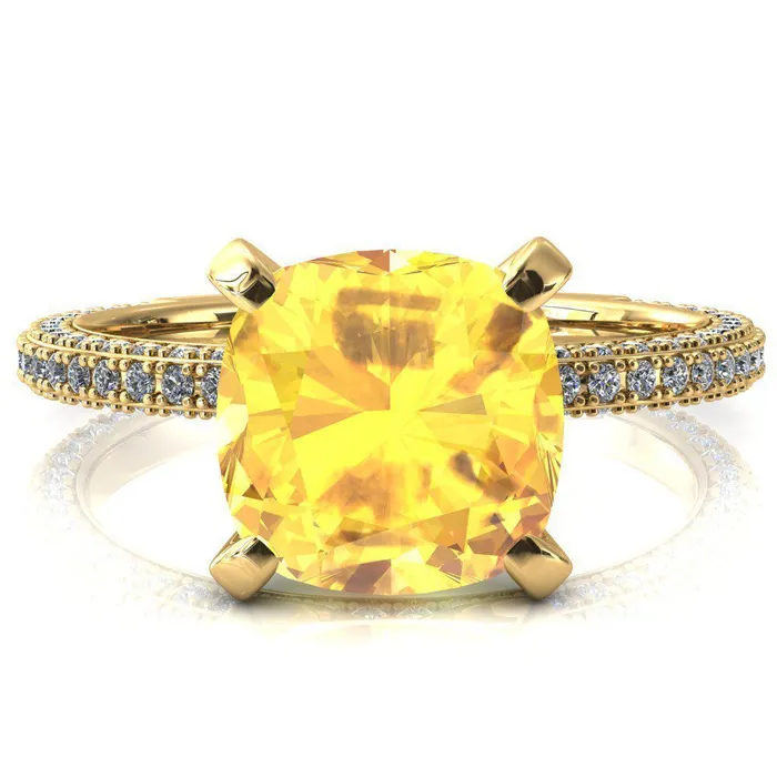 Mariyah Cushion Yellow Sapphire 4 Prong 34 Eternity 3 Sided Diamond Shank Engagement Ring Fire Brilliance Rings