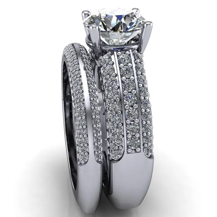 Mooney Round Center Stone Double Diamond Channel 4 Prong Engagement Ring Fire Brilliance Rings