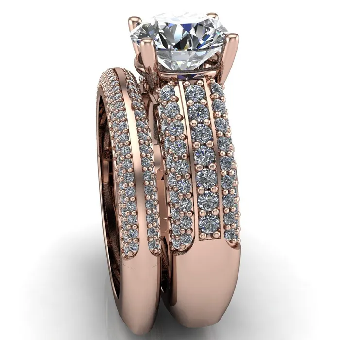 Mooney Round Center Stone Double Diamond Channel 4 Prong Engagement Ring Fire Brilliance Rings
