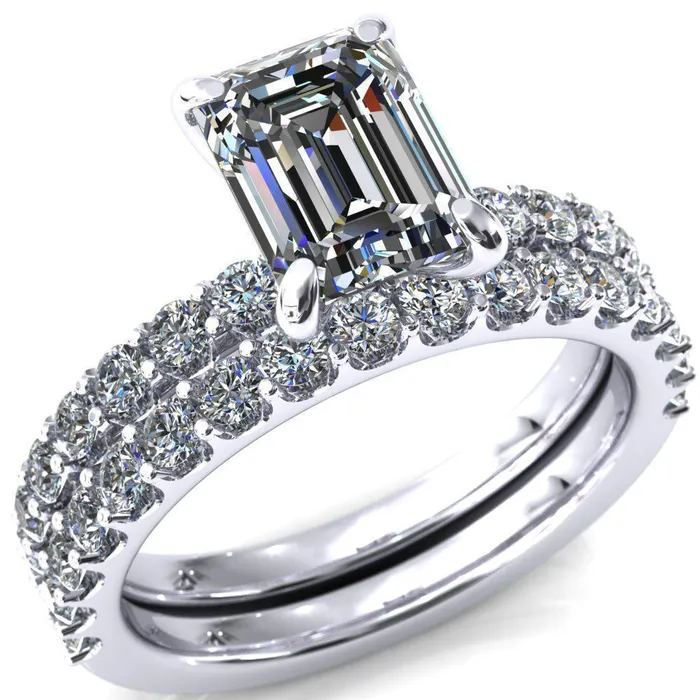 Mylene Emerald Center Stone 4 Prong Sculptural Half Eternity Diamond Engagement Ring Fire Brilliance Rings Mylene Emerald Center Stone 4 Prong Sculptural Half Eternity Diamond Engagement Ring Fire Brilliance Rings