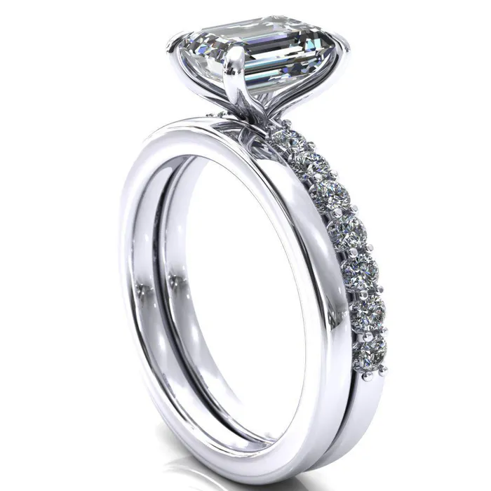 Mylene Emerald Center Stone 4 Prong Sculptural Half Eternity Diamond Engagement Ring Fire Brilliance Rings