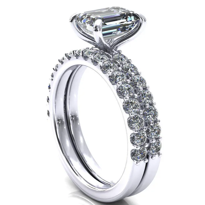 Mylene Emerald Center Stone 4 Prong Sculptural Half Eternity Diamond Engagement Ring Fire Brilliance Rings
