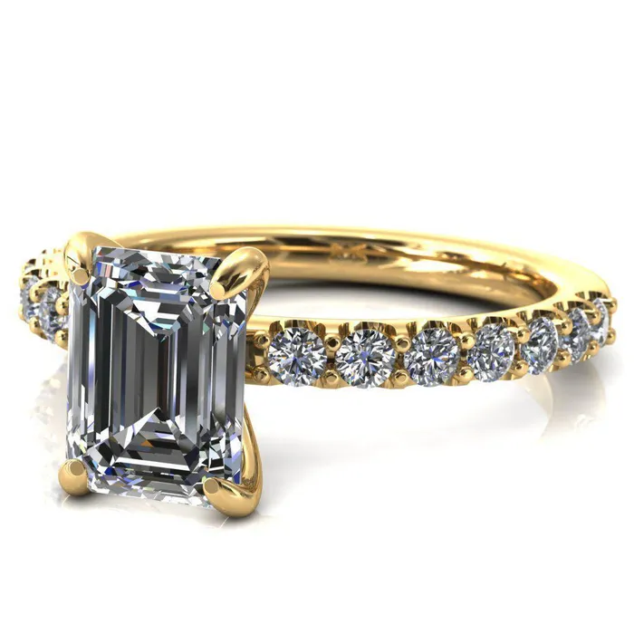 Mylene Emerald Center Stone 4 Prong Sculptural Half Eternity Diamond Engagement Ring Fire Brilliance Rings