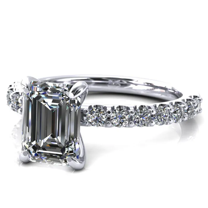 Mylene Emerald Center Stone 4 Prong Sculptural Half Eternity Diamond Engagement Ring Fire Brilliance Rings