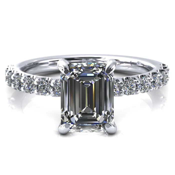 Mylene Emerald Center Stone 4 Prong Sculptural Half Eternity Diamond Engagement Ring Fire Brilliance Rings