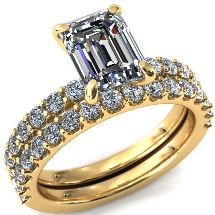 Mylene Emerald Center Stone 4 Prong Sculptural Half Eternity Diamond Engagement Ring Fire Brilliance Rings