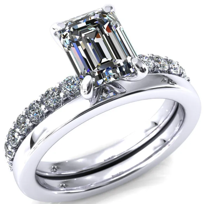 Mylene Emerald Center Stone 4 Prong Sculptural Half Eternity Diamond Engagement Ring Fire Brilliance Rings