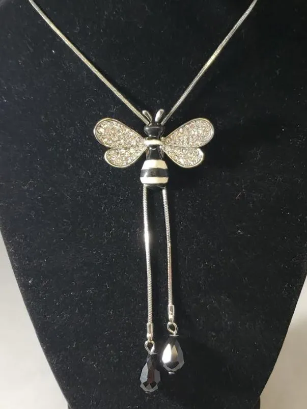 N2082 Silver Rhinestone Bumble Bee Black Gem Adjustable Sweater Necklace with FREE Earrings polly Necklaces N2082 Silver Rhinestone Bumble Bee Black Gem Adjustable Sweater Necklace with FREE Earrings polly Necklaces