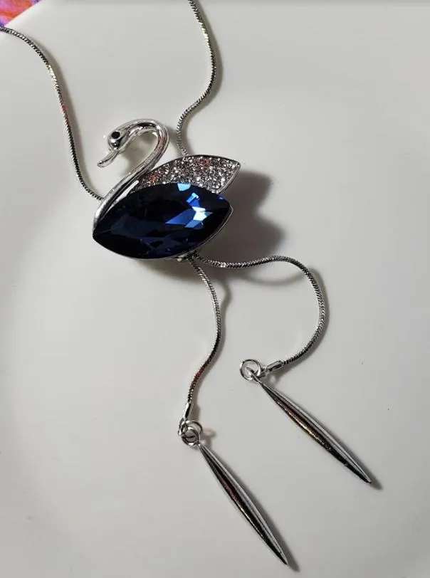 N784 Silver Royal Blue Gemstone Swan Necklace with FREE Earrings polly Necklaces N784 Silver Royal Blue Gemstone Swan Necklace with FREE Earrings polly Necklaces