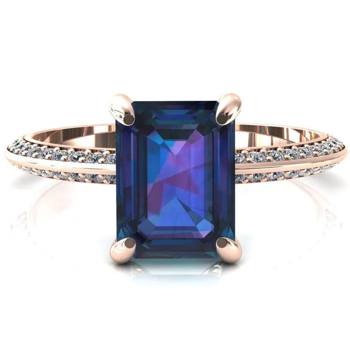 Nancy Emerald Alexandrite 4 Prong 12 Eternity Diamond Knife Shank Accent Engagement Ring Fire Brilliance Rings