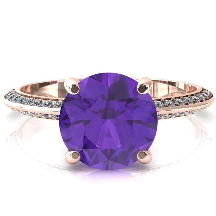 Nancy Round Amethyst 4 Prong 12 Eternity Diamond Knife Shank Accent Engagement Ring Fire Brilliance Rings