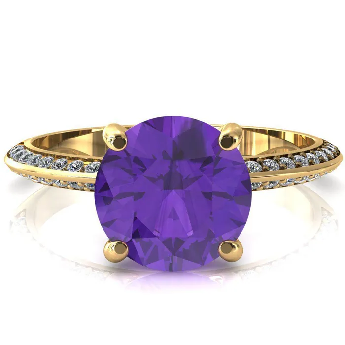 Nancy Round Amethyst 4 Prong 12 Eternity Diamond Knife Shank Accent Engagement Ring Fire Brilliance Rings