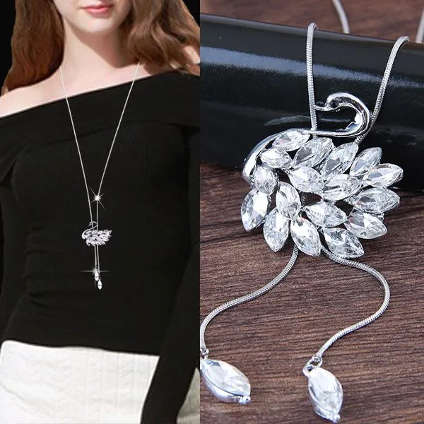 Necklaces 01 N1955 Silver Gemstone Swan Adjustable Necklace with FREE Earrings