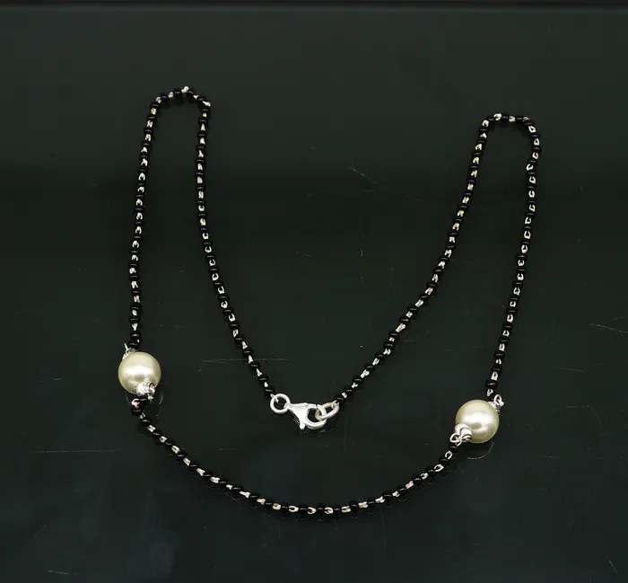 Necklaces 925 sterling silver black beads chain necklace vintage stylish fancy necklace traditional style brides Mangalsutra necklace India set218 TRIBAL ORNAMENTS
