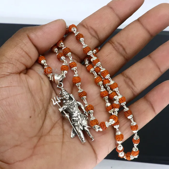 Necklaces 925 sterling silver handmade Divine Lord shiva with trident pendant Rudraksha chain holy pendant protect from negative energy nsp756 TRIBAL ORNAMENTS