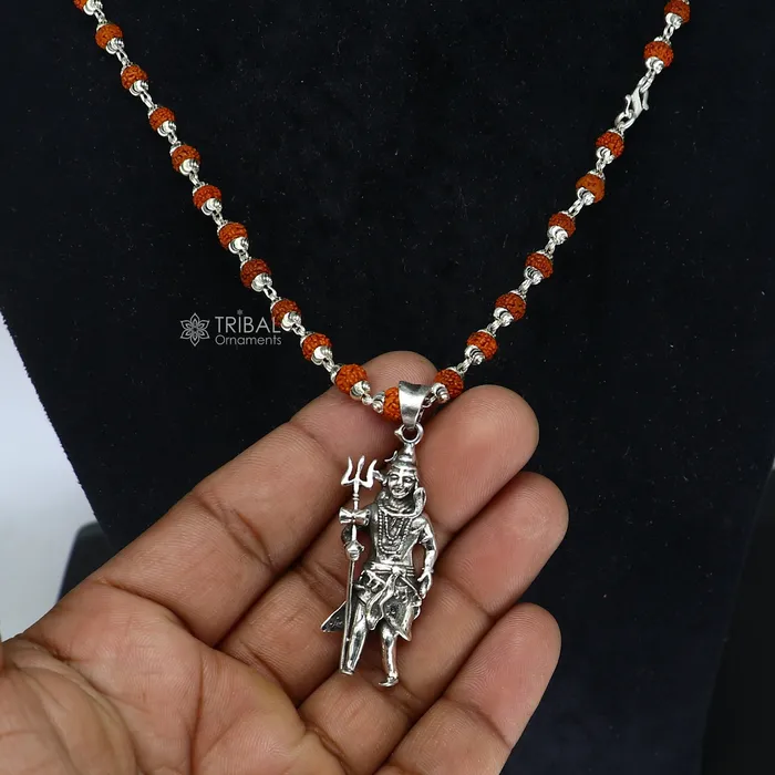 Necklaces 925 sterling silver handmade Divine Lord shiva with trident pendant Rudraksha chain holy pendant protect from negative energy nsp756 TRIBAL ORNAMENTS