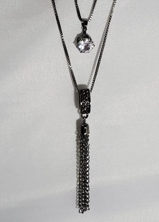 Necklaces AZ1142 Gun Metal Rhinestone Hoop Tassel Necklace with FREE Earrings POLLY Necklaces AZ1142 Gun Metal Rhinestone Hoop Tassel Necklace with FREE Earrings POLLY