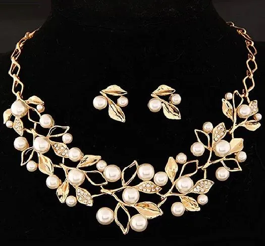  Necklaces AZ34 Gold Gems Pearls Branch Leaves Necklace with FREE Earrings