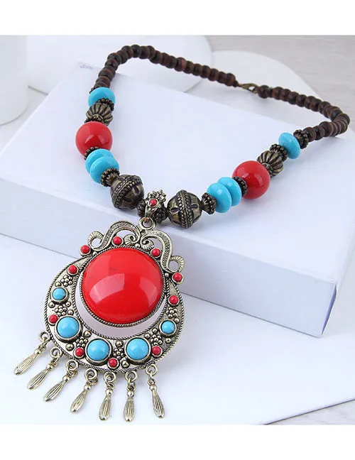 Necklaces N1098 Wood Bead Large Red Gem Multi Bead Tassel Necklace with FREE Earrings 02 Necklaces N1098 Wood Bead Large Red Gem Multi Bead Tassel Necklace with FREE Earrings 02