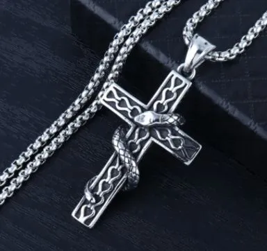 Necklaces N76 Silver Cross with Snake Necklace 02