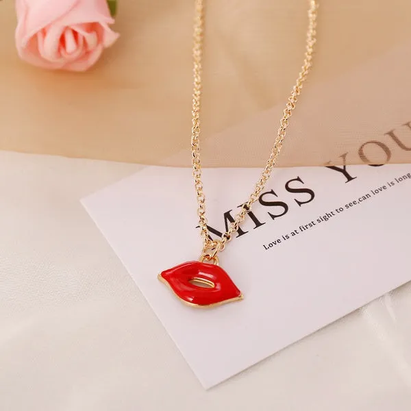 Necklaces N782 Gold Red Lips Necklace with FREE Earrings 01