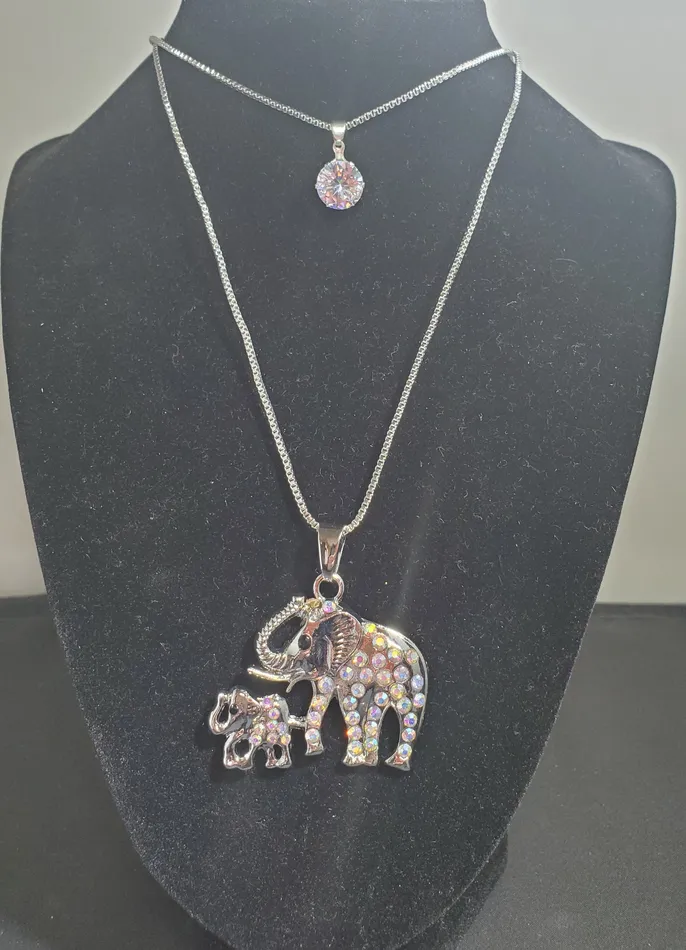 Necklaces polly N1732 Silver Iridescent Rhinestone Mommy Baby Elephant Necklace with FREE Earrings Necklaces polly N1732 Silver Iridescent Rhinestone Mommy Baby Elephant Necklace with FREE Earrings