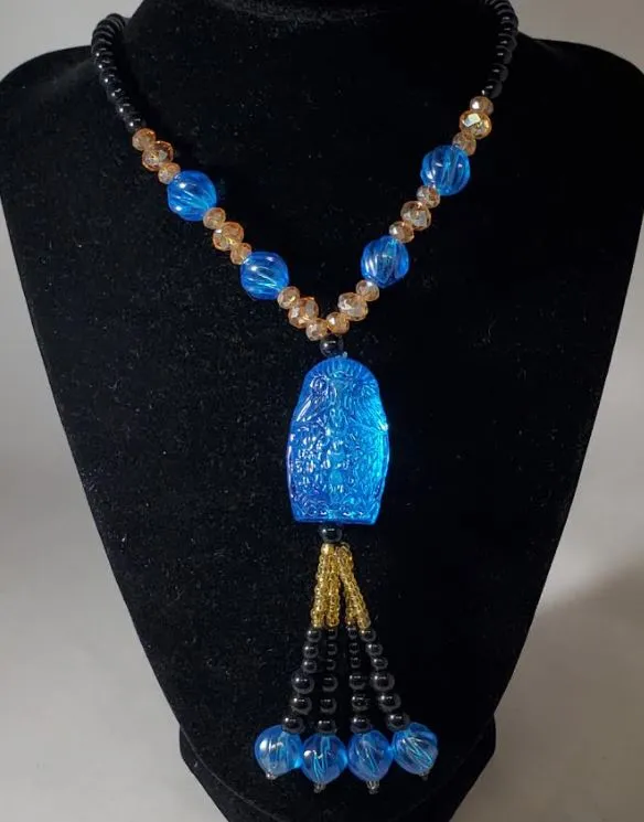 Necklaces polly N2075 Black Bead Fashion Blue Owl Glass Long Necklace With Free Earrings