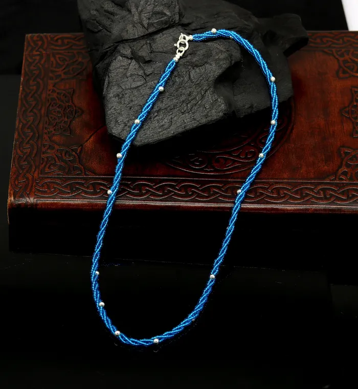 Necklaces TRIBAL ORNAMENTS 18 925 sterling silver galaxy necklace triple strands blue semi precious stone beads with randomly placed silver beads necklace set138