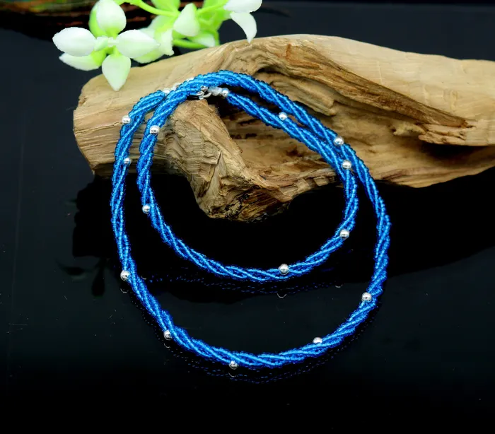 Necklaces TRIBAL ORNAMENTS 18 925 sterling silver galaxy necklace triple strands blue semi precious stone beads with randomly placed silver beads necklace set138