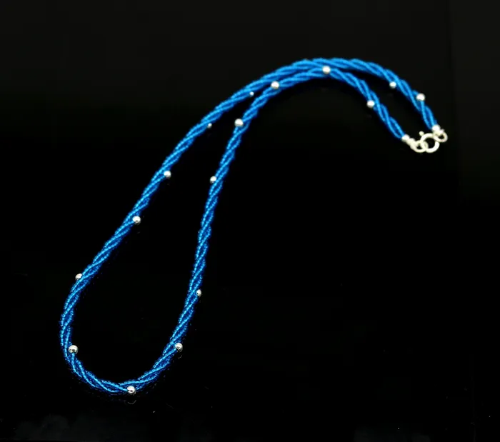 Necklaces TRIBAL ORNAMENTS 18 925 sterling silver galaxy necklace triple strands blue semi precious stone beads with randomly placed silver beads necklace set138