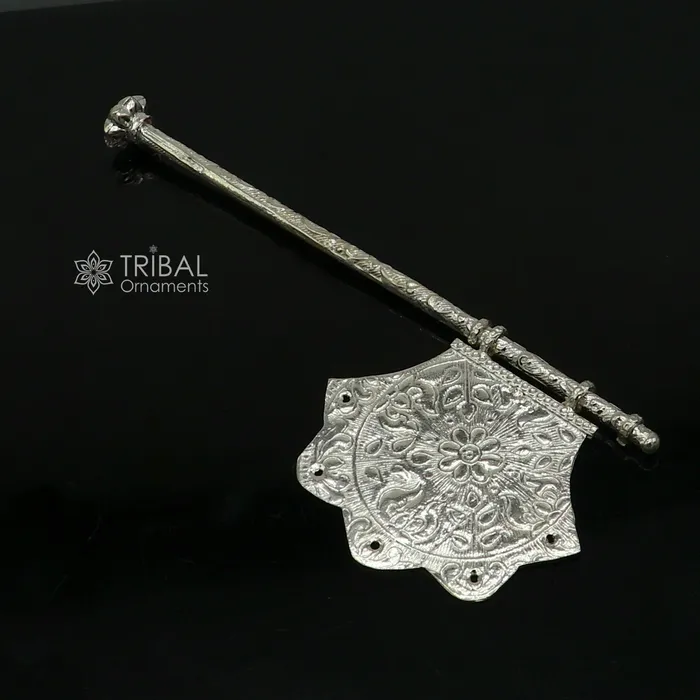 Necklaces TRIBAL ORNAMENTS 925 Solid silver pankhi floral design small fan or pankhi for god puja best gifting to Temple Krishna silver hand driven fan sU1213 Necklaces TRIBAL ORNAMENTS 925 Solid silver pankhi floral design small fan or pankhi for god puja best gifting to Temple Krishna silver hand driven fan sU1213
