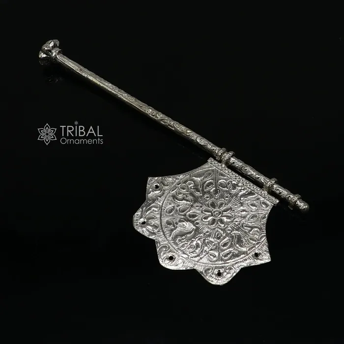 Necklaces TRIBAL ORNAMENTS 925 Solid silver pankhi floral design small fan or pankhi for god puja best gifting to Temple Krishna silver hand driven fan sU1213 Necklaces TRIBAL ORNAMENTS 925 Solid silver pankhi floral design small fan or pankhi for god puja best gifting to Temple Krishna silver hand driven fan sU1213