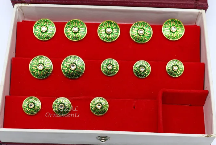 Necklaces TRIBAL ORNAMENTS Green color enamel 925 Sterling silver handcrafted design buttons set of 13 pc for mens coat or suit best jewelry for all occasions btn24
