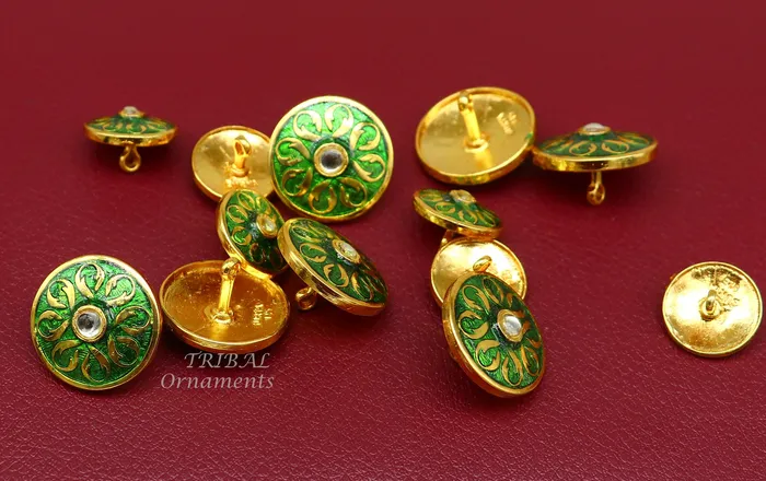Necklaces TRIBAL ORNAMENTS Green color enamel 925 Sterling silver handcrafted design buttons set of 13 pc for mens coat or suit best jewelry for all occasions btn24