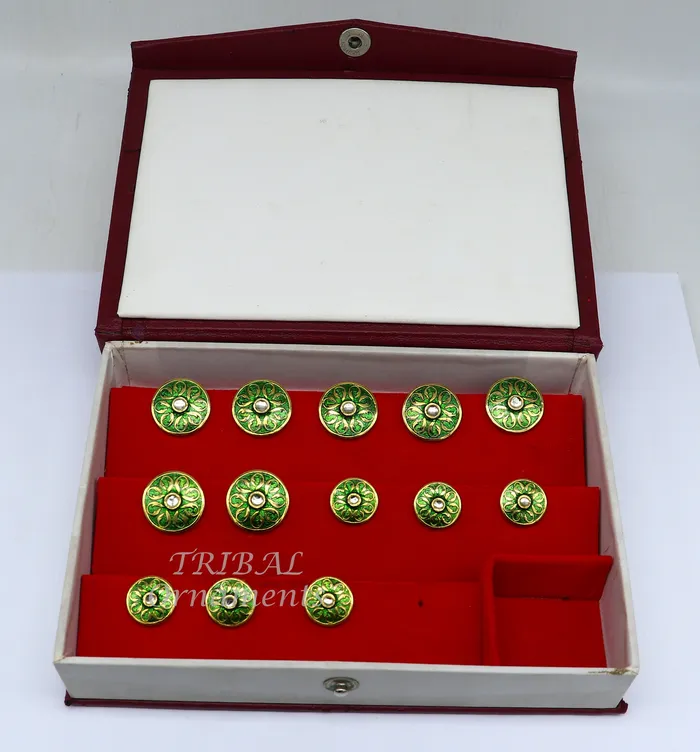 Necklaces TRIBAL ORNAMENTS Green color enamel 925 Sterling silver handcrafted design buttons set of 13 pc for mens coat or suit best jewelry for all occasions btn24