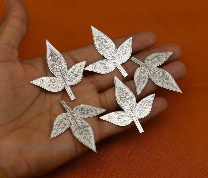 Necklaces TRIBAL ORNAMENTS Lot 5 pcs bel Patra Solid silver handmade solid belva patra shiva worshipping puja article belpatra or belva tree leaves india su508