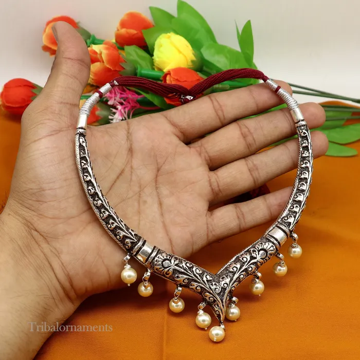 Necklaces TRIBAL ORNAMENTS Vintage Indian traditional style trendy 925 sterling silver chitaikandrai work charm necklace choker tribal ethnic jewelry nec278
