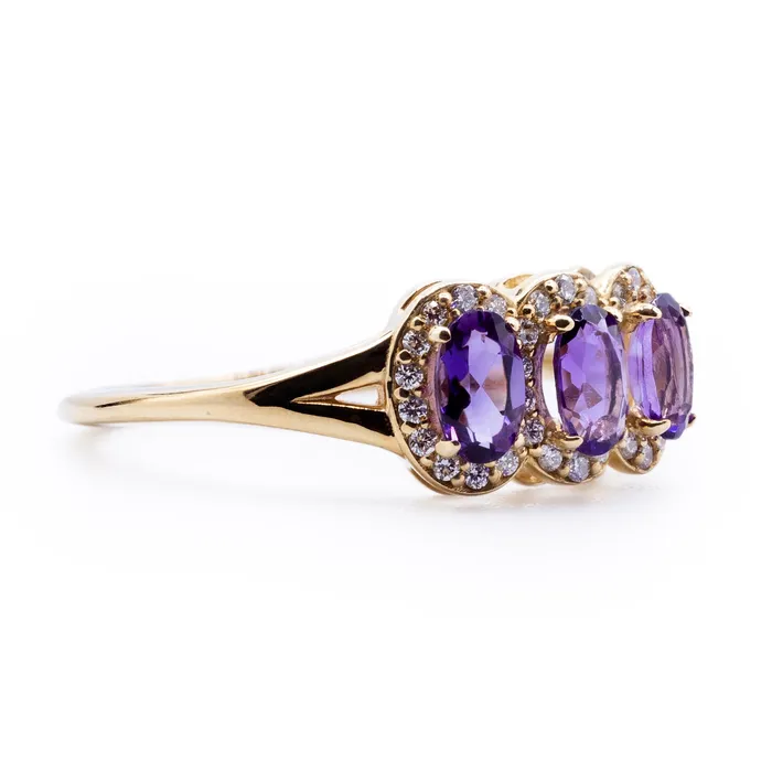 Oval Amethyst Three Stone Ring with Diamond Accented Halo on Split Shank Ring Fire Brilliance Rings