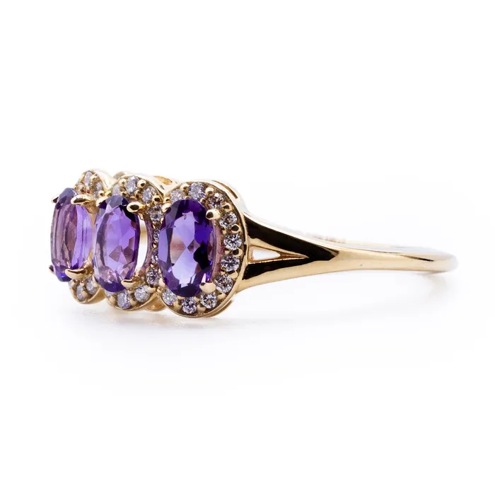 Oval Amethyst Three Stone Ring with Diamond Accented Halo on Split Shank Ring Fire Brilliance Rings