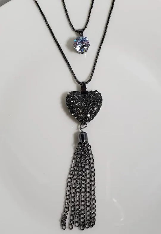 polly AZ109 Gun Metal Rhinestone Heart Tassel Necklace with FREE EARRINGS Necklaces polly AZ109 Gun Metal Rhinestone Heart Tassel Necklace with FREE EARRINGS Necklaces