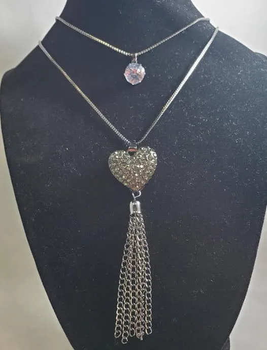 polly AZ109 Gun Metal Rhinestone Heart Tassel Necklace with FREE EARRINGS Necklaces