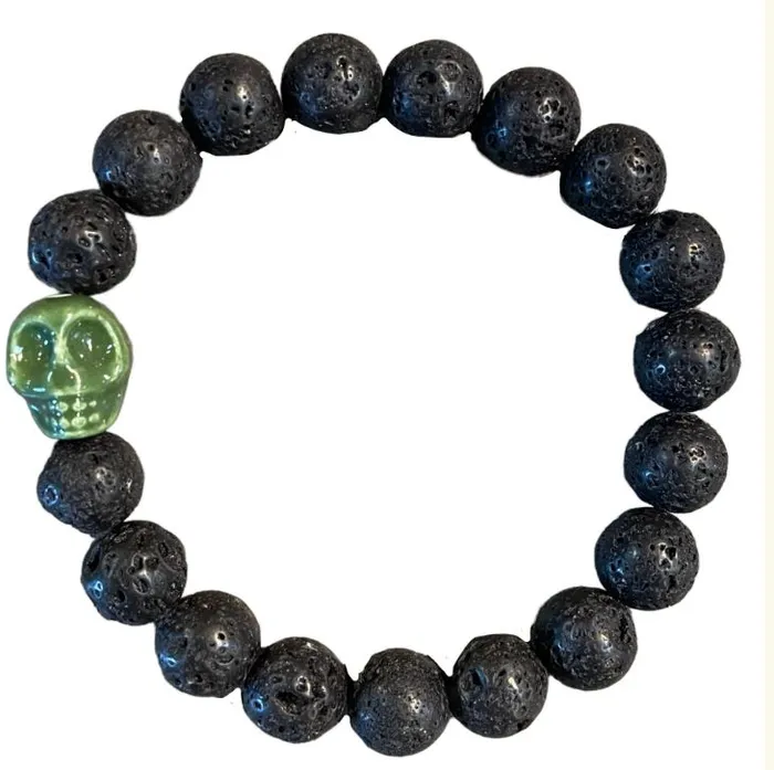 polly Bracelets B432 Black Lava Stone Green Skull Bead Bracelet