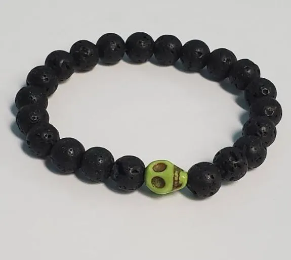 polly Bracelets B432 Black Lava Stone Green Skull Bead Bracelet
