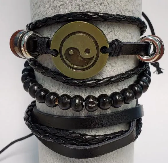 polly Bracelets B907 Black Leather Yin Yang Bracelet Set